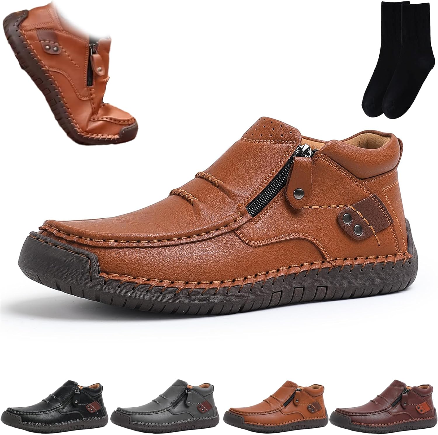 

Мужские ручной работы кожаные слипоны с боковой молнией, мужские повседневные легкие водонепроницаемые лоферы для прогулок с поддержкой свода стопы, удобная обувь Xylawave, коричневый