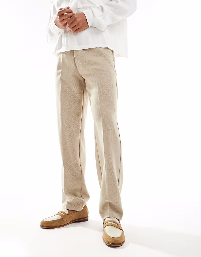 

Элегантные прямые брюки бежевого цвета с шерстяным узором «ёлочка» Asos Design