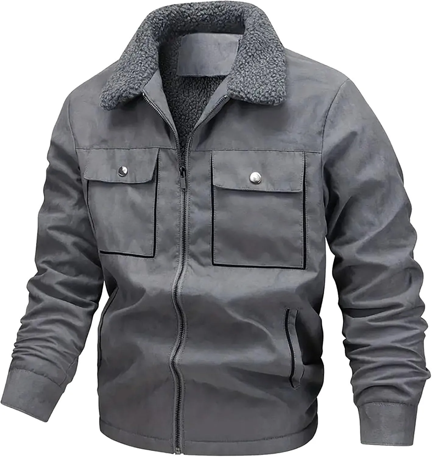 Зимнее пальто для мужчин Sherpa Fleece Lined Jacket на молнии, утепленное верхнее пальто в винтажном стиле Generic, серый — фото 2