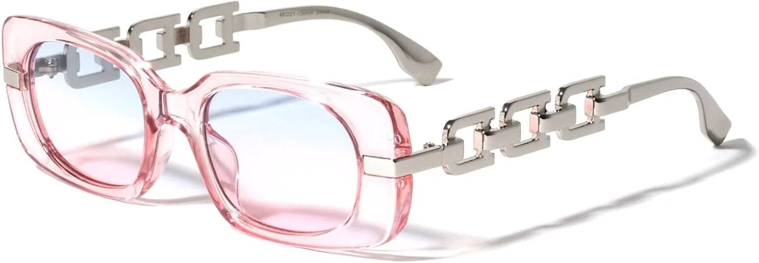 

Солнцезащитные очки Dweebzilla Slim Wide Rectangular Gold Cuban Link Chain в стиле ретро, ​​дизайнерские, модные, Crystal Pink & Silver - Blue Pink Gradient Lenses