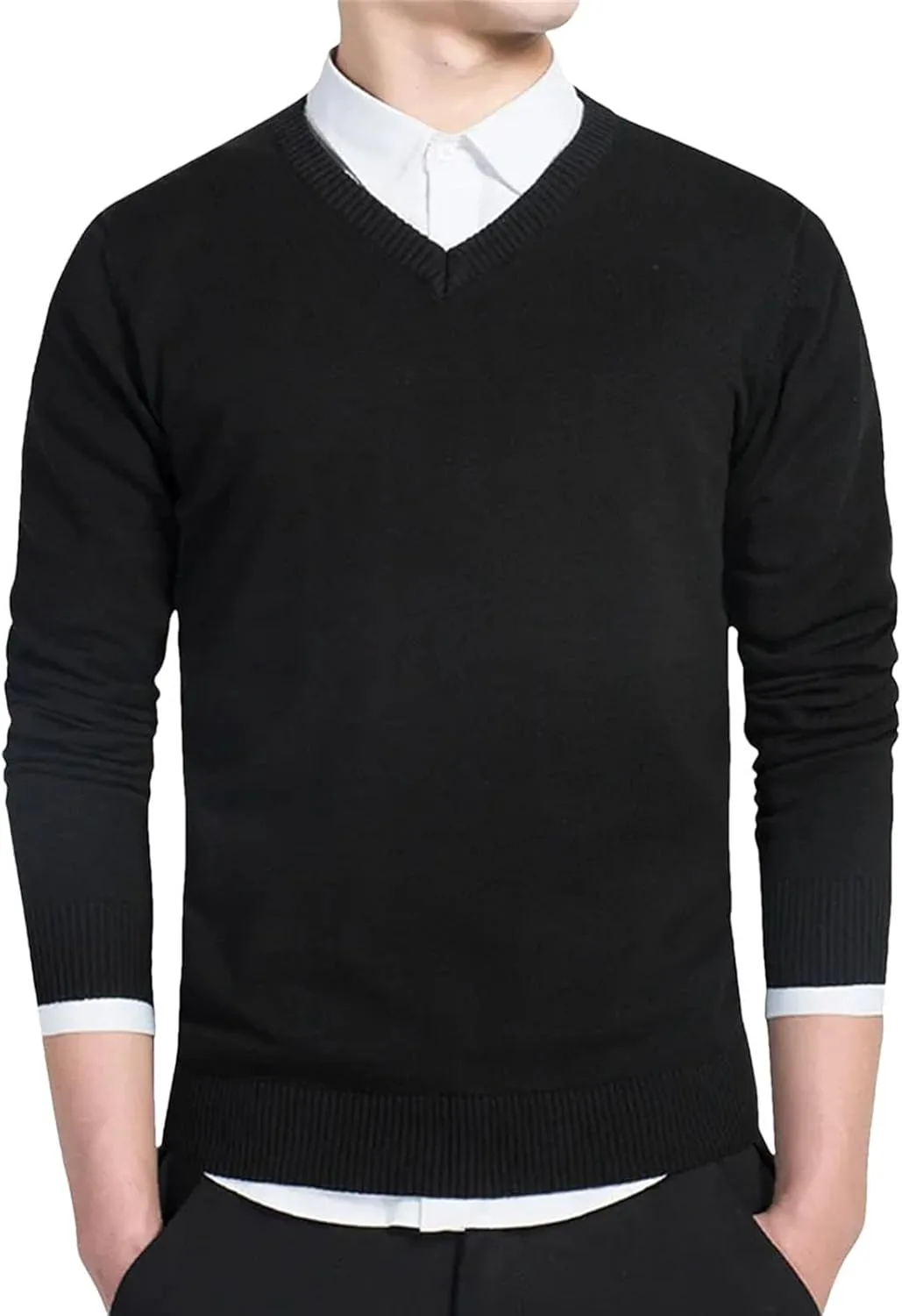 

Мужской зимний пуловер V-образный вырез однотонный вязаный slim fit