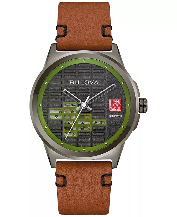 

Мужские часы Frank Lloyd Wright USONIAN с автоматическим механизмом, коричневый кожаный ремешок, 39 мм Bulova, brown