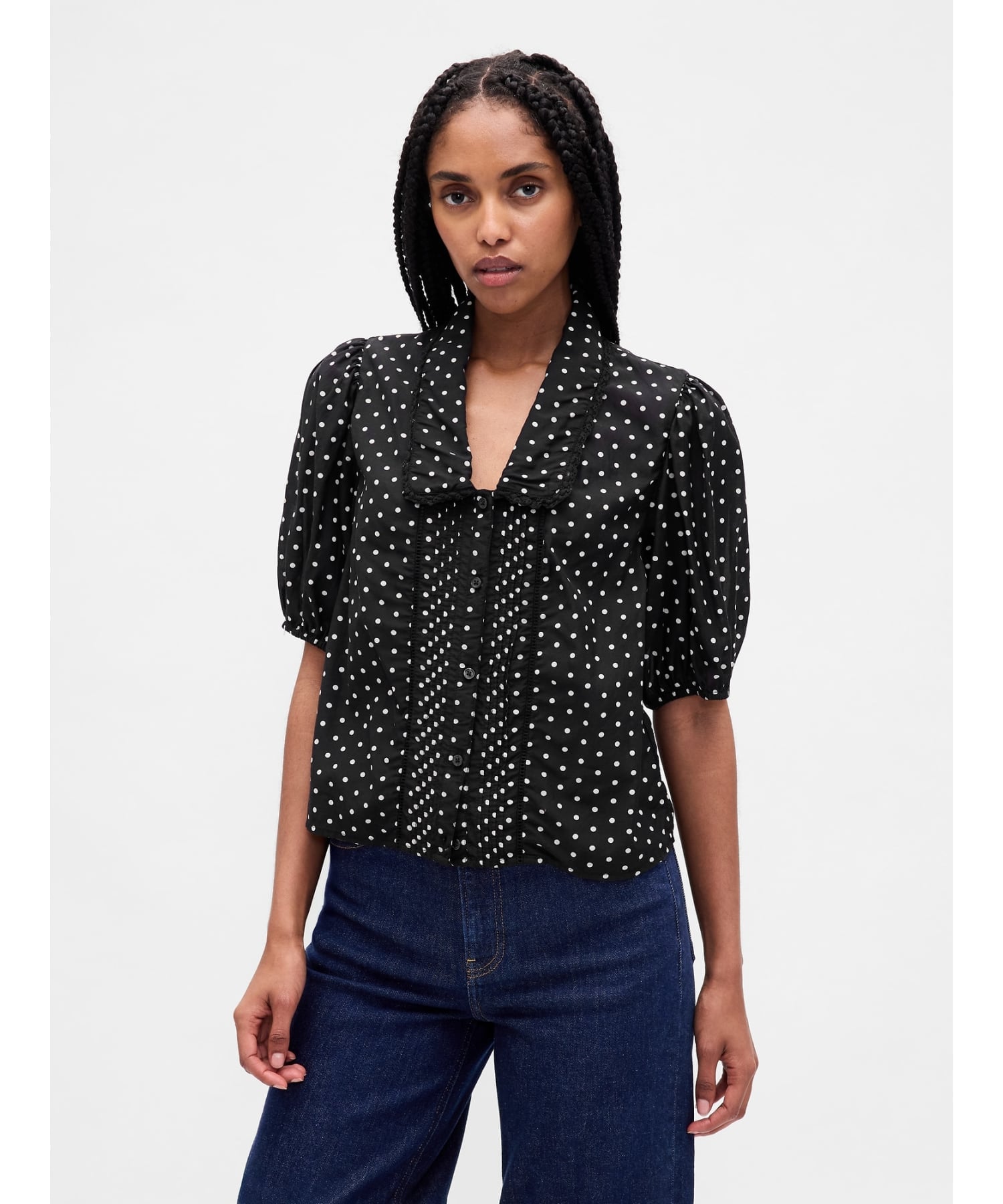 (W) Топ с пышными рукавами и воротником GAP, BLACK_DOTS