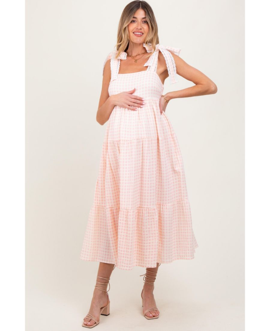 

Платье-макси для беременных, светло-розовое в клетку с кружевной отделкой и завязками на плечах Pinkblush, Light pink