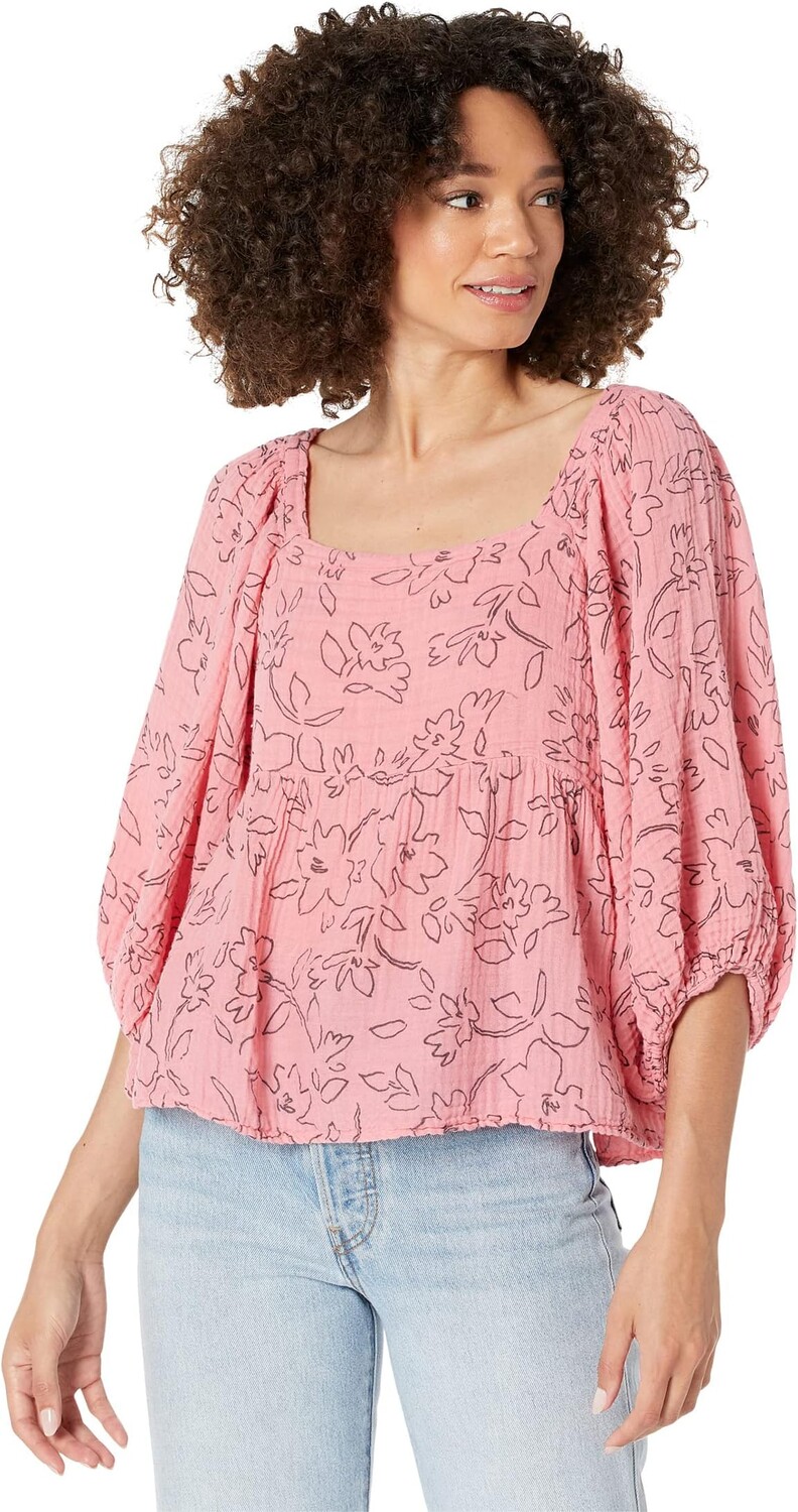 

Топ Michael Stars Patsy Linework Flora Square Neck Puff Sleeve Top in Double Gauze, розовый