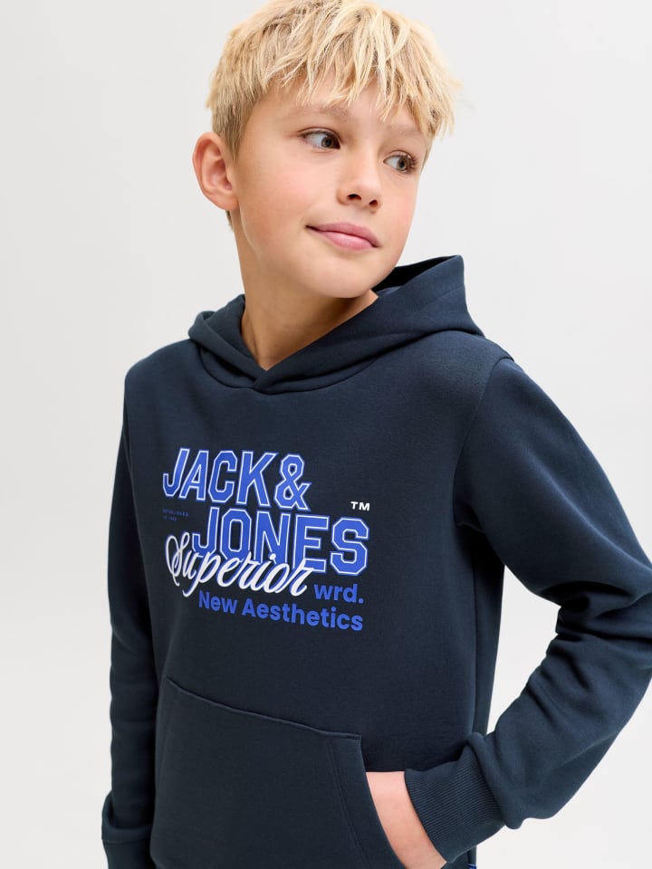 JACK & JONES Junior Толстовка с капюшоном JJELOGO SWEAT HOOD JNR в темно-синем цвете — фото 3