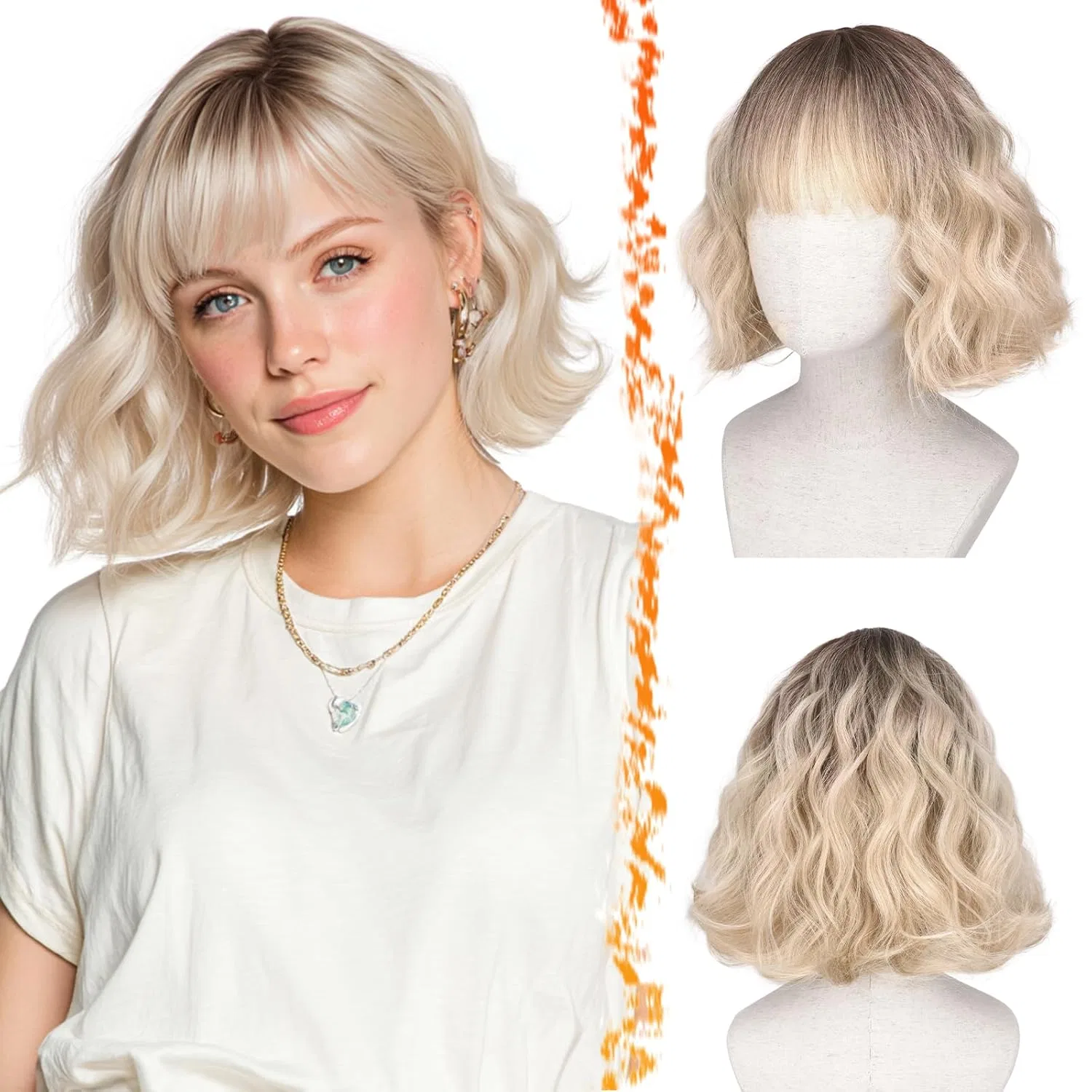Короткий волнистый парик «BARSDAR» блонд омбре с челкой Barsdar, Blonde Ombre