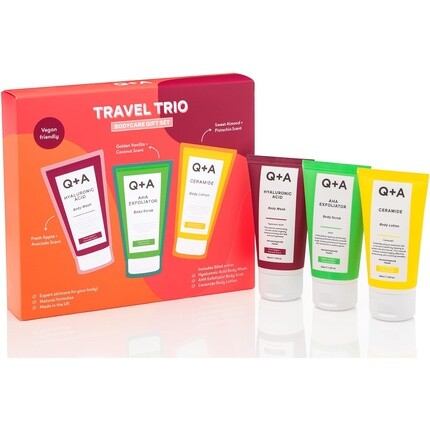 Подарочный набор Q+A Travel Trio Body Care — гель для душа с гиалуроновой кислотой, отшелушивающий скраб для тела AHA, лосьон для тела с керамидами — по 50 мл каждый — фото 2