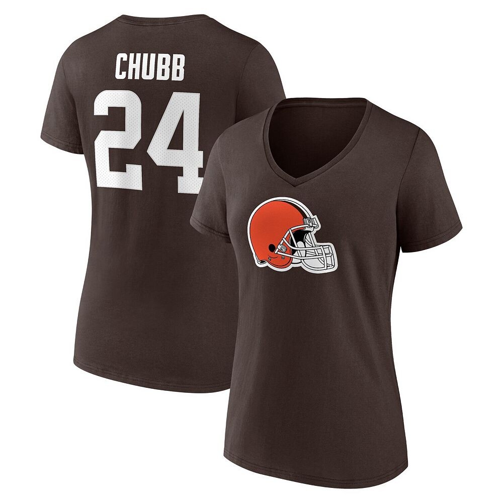 

Женская футболка Fanatics с логотипом Nick Chubb Brown Cleveland Browns, значок игрока, имя и номер, с v-образным вырезом, цвет Brn Brown