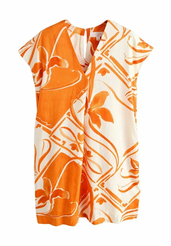 Платье мини Next Petite fit short sleeve v neck kaftan mini day dress, оранжевый принт плитка