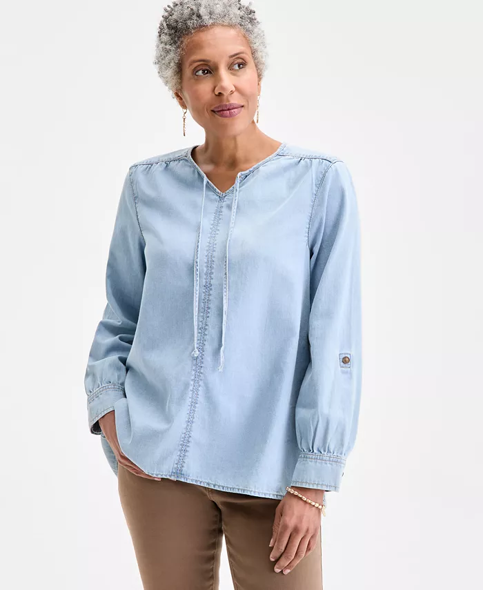 

Женский топ из хлопкового денима с разрезом на горловине, PXS-28W Style & Co, синий