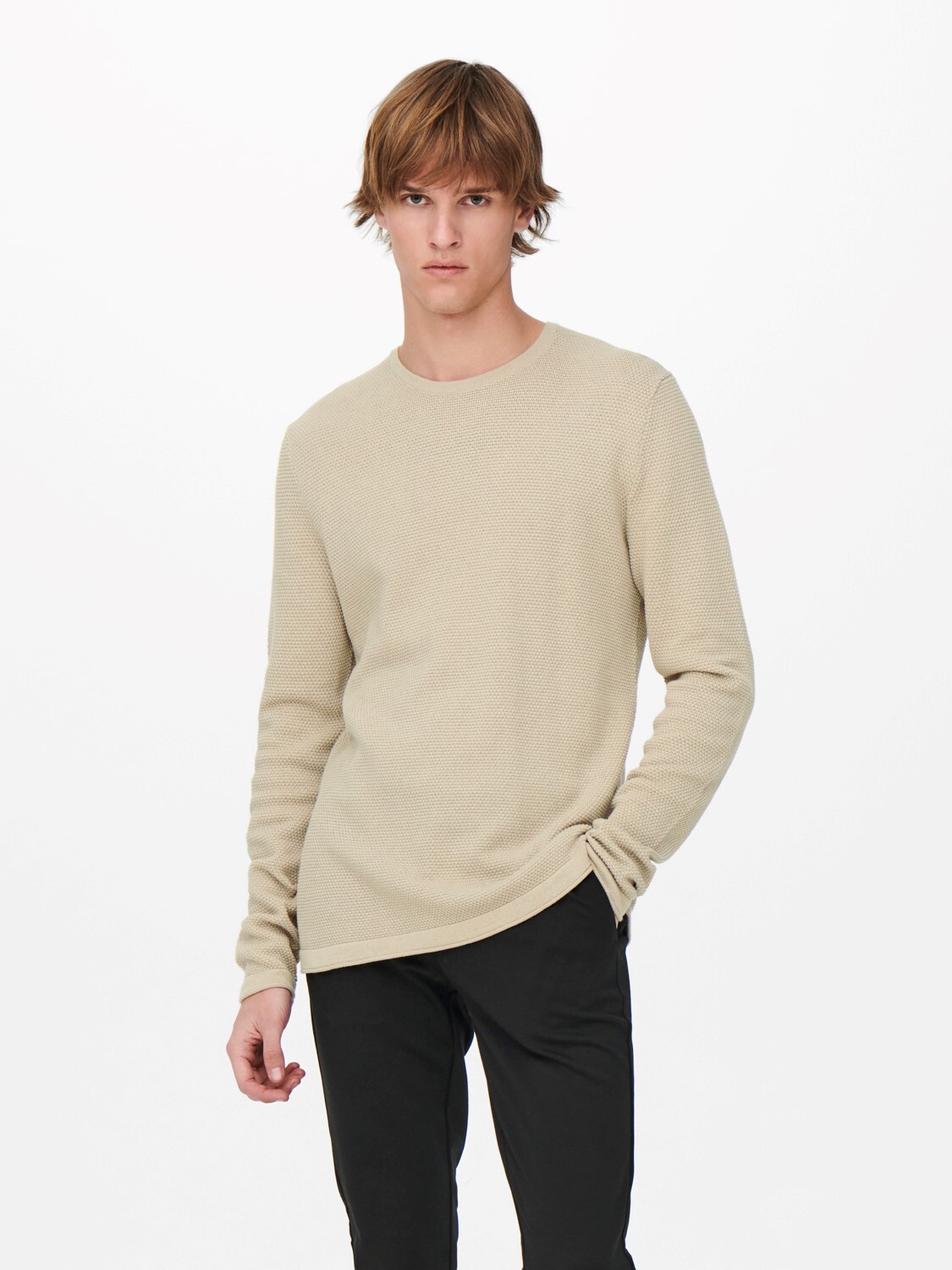 

Пуловер ONLY Dünner Langarm Strick Rundhals Basic Sweater ONSPANTER, бежевый