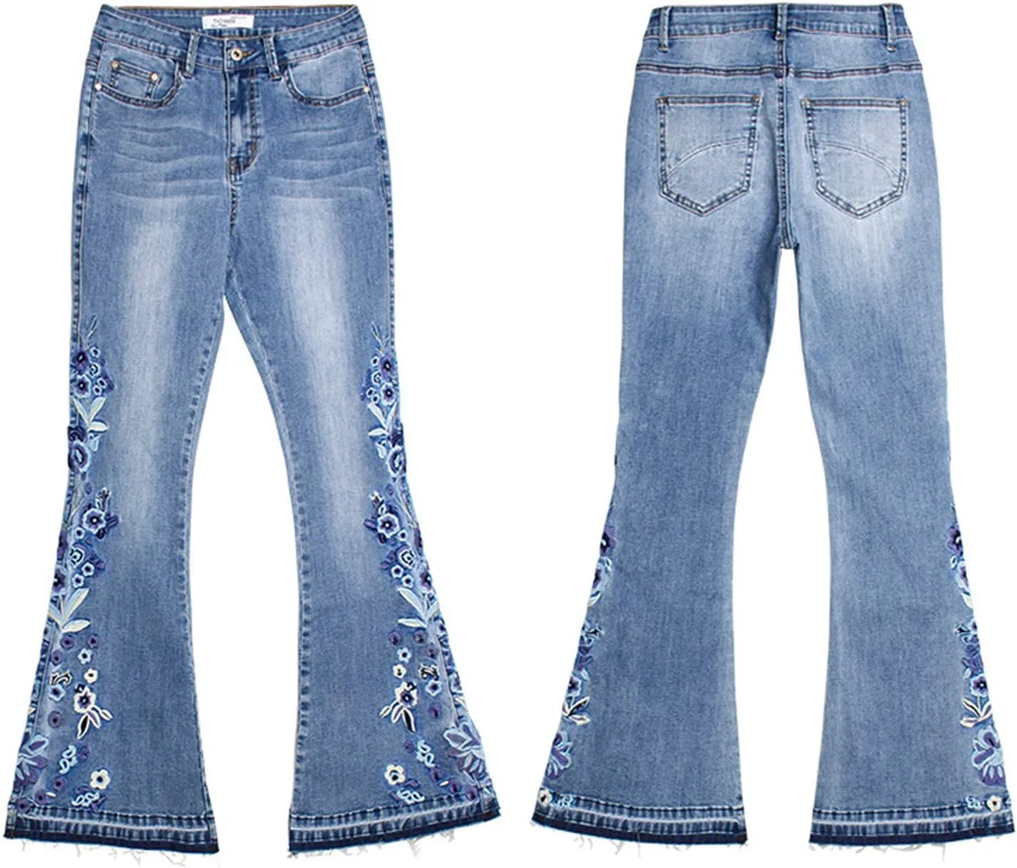 Andongnywell женские джинсы-клеш с вышивкой Mid Waist Stretchy Flared Jean Floral Embroidery Bell Bottom — фото 2