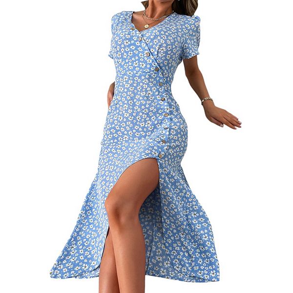 

Женское платье макси с коротким рукавом, цветочным принтом, застежкой на пуговицы, v-образным вырезом и разрезом сбоку Anna-Kaci