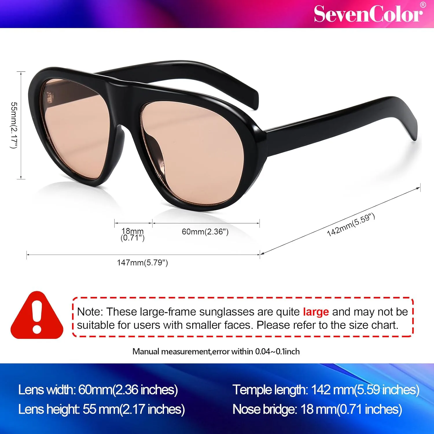 

Модные солнцезащитные очки-авиаторы большого размера для женщин и мужчин, большие круглые солнцезащитные очки в стиле ретро 70-х годов SevenColor, Black/Champagne