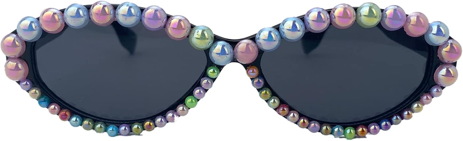

Винтажные разноцветные жемчужные солнцезащитные очки «кошачий глаз» для женщин, маленькие овальные, с блестками, милые очки для вечеринки в стиле Y2K, защита от ультрафиолета UV400 mincl, Colorful Pearl&black