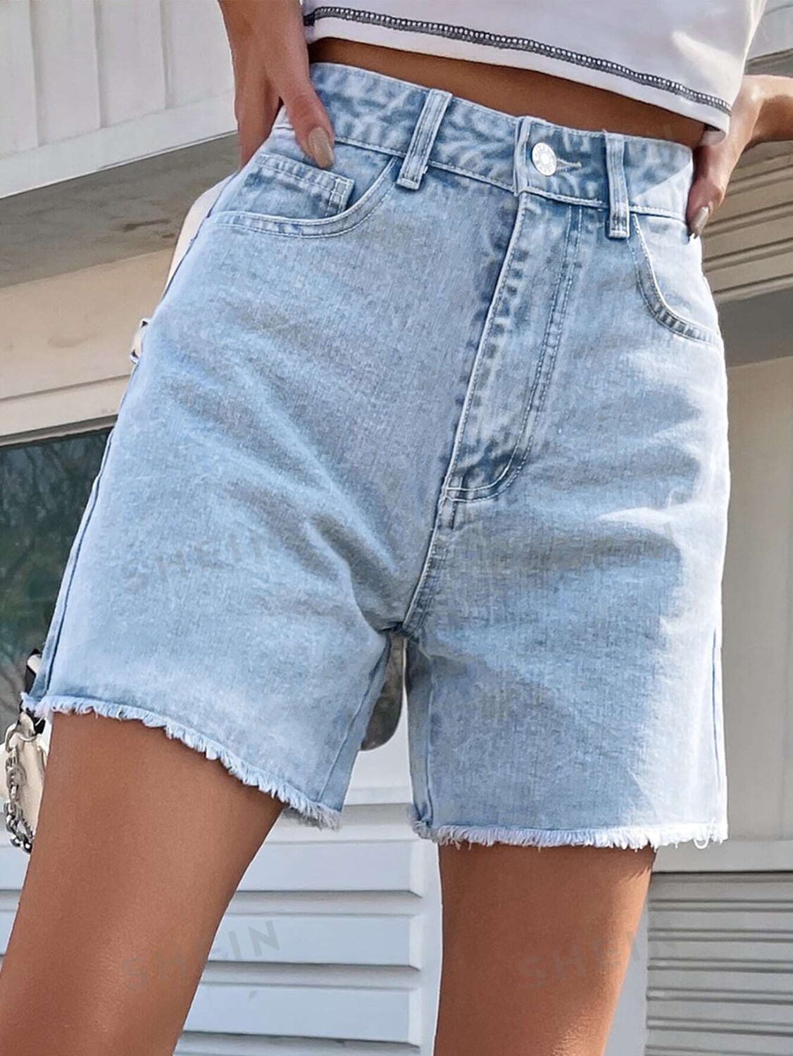 

Джинсовые шорты Frenchy с нижним краем Мама шорты Shein, светло-голубой