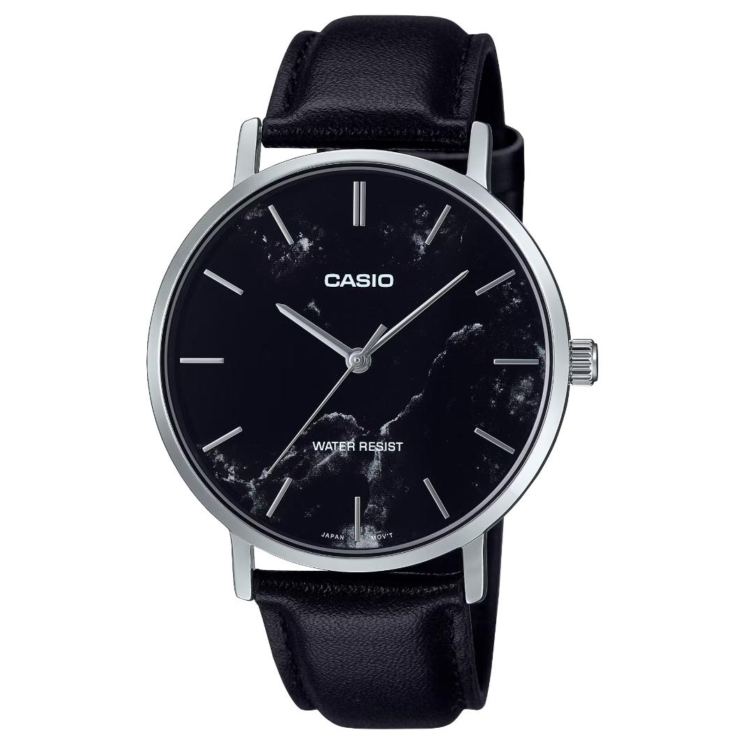 

CASIO Мужские часы с кварцевым механизмом и кожаным ремешком, черный циферблат