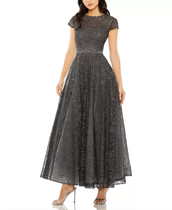 

Платье А-силуэта с декорированными короткими рукавами Mac Duggal, серый