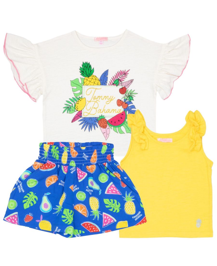 

Летний комплект для девочек из 3 предметов: футболка с рисунком, майка и шорты Tommy Bahama, White/yellow/blue