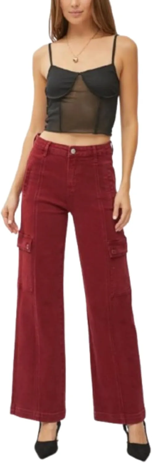 

Женские повседневные карго-джинсы с высокой талией и широкими штанинами, цвет wine, на пуговицах и молнии, свободный крой Yanhoo