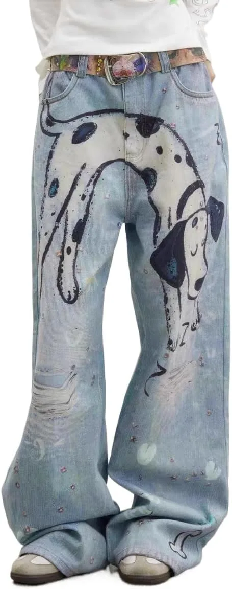 

Унисекс джинсы Y2k с принтом далматина и стразами, граффити, стритвир, багги GYPWRCR