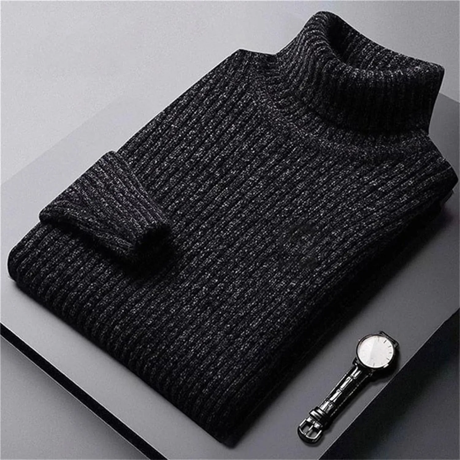 Мужской толстый водолазный свитер вязаный пуловер мягкий теплый однотонный высокий ворот облегающий повседневный трикотажный топ Generic, черный — фото 4