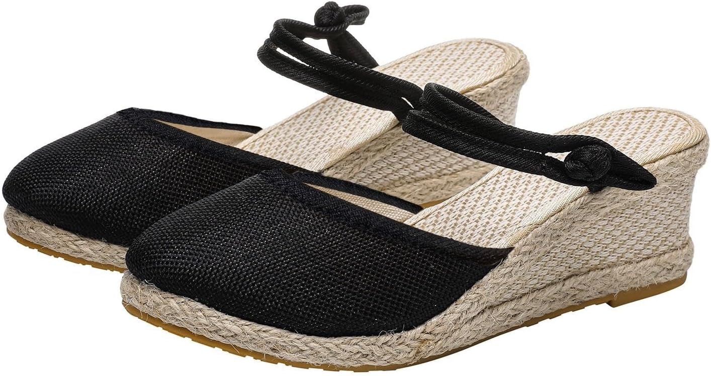 

Женские эспадрильи на танкетке ZWRXW с эластичным ремешком на щиколотке, с закрытым носком и пряжкой на щиколотке, удобные ортопедические сандалии для повседневной и праздничной носки, летняя обувь для прогулок, черный