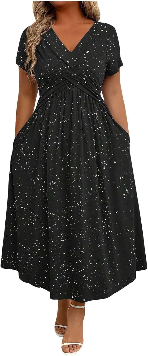 Платье для вечеринки или свадьбы Plus Size с коротким рукавом, блестками, V-образным вырезом и карманами Generic, черный