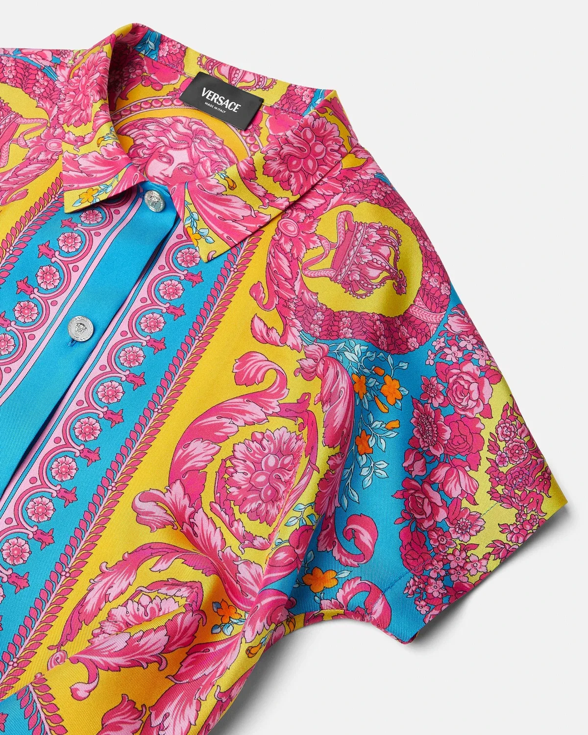 Детская укороченная рубашка из шелкового твила с принтом VERSACE, мультиколор — фото 4