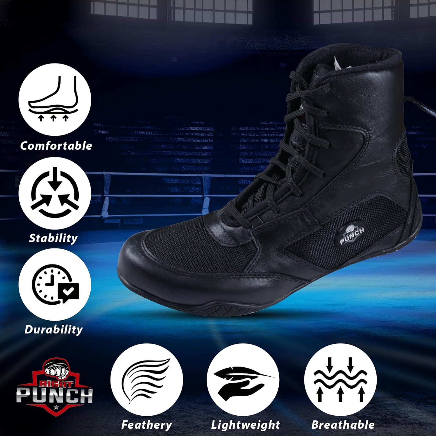 Дышащие боксерские кроссовки Rightpunch для мужчин, женщин и молодежи, Легкие тренировочные боксерские кроссовки с резиновой подошвой, не скользящие Right Punch, черный — фото 2