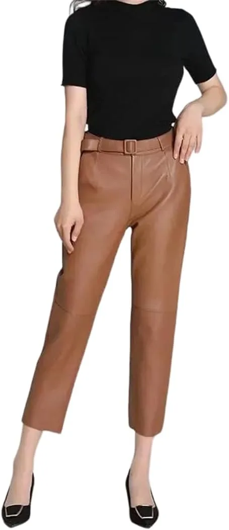 

Женские брюки из натуральной кожи с поясом