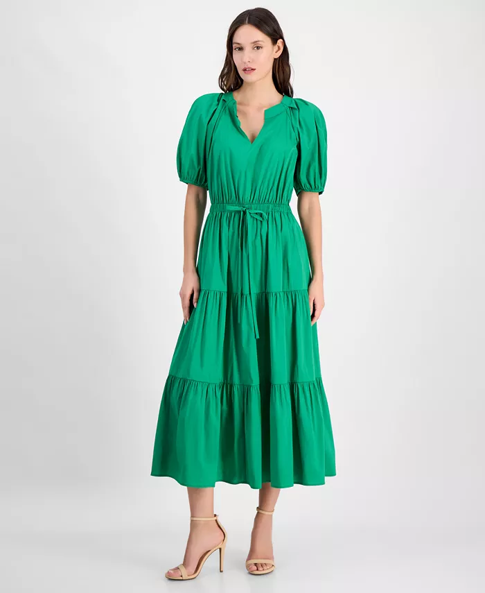

Женское платье с ярусами, завязкой на талии и пышными рукавами Anne Klein, зеленый