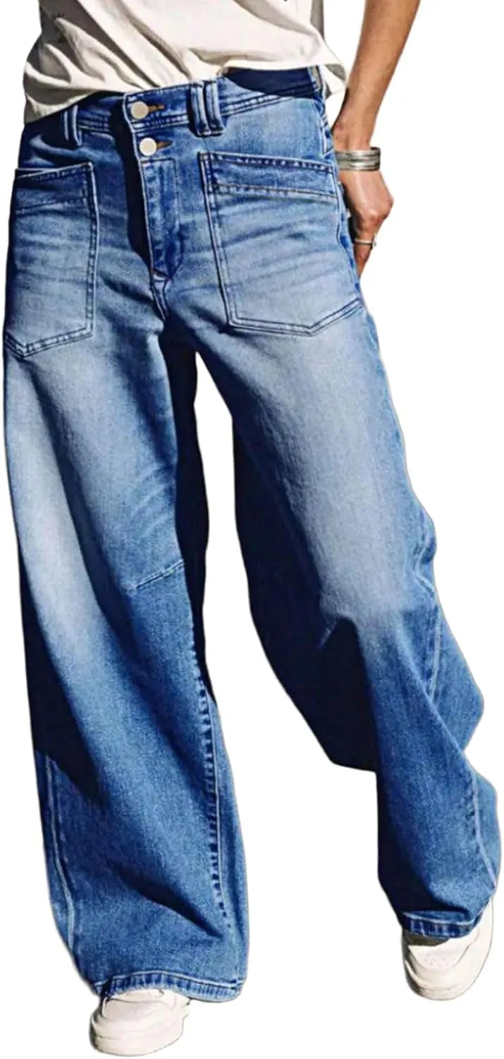 

CHARTOU Women's 2025 Loose Wide Leg Jeans Baggy Low Rise Cargo Patchwork Washed Denim Pants