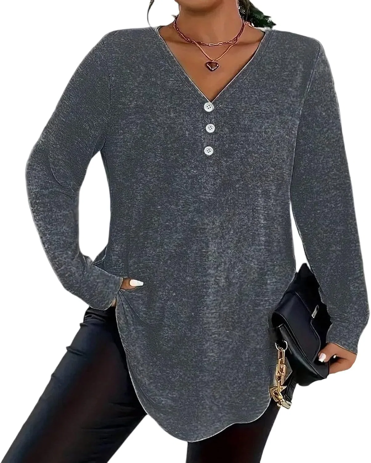 Generic Топы больших размеров для женщин: элегантные рубашки с V-образным вырезом и пуговицами, с длинными рукавами, свободного кроя, повседневные блузки, простые милые туники, A05-Dark Gray