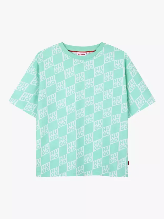 Детская футболка с коротким рукавом и клетчатым логотипом, свободного кроя HUGO BOSS, Green
