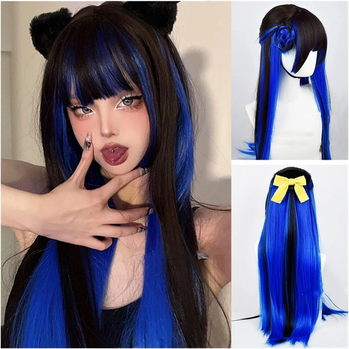 Парик с челкой Black Mixed Blue, LUCBEI, 80 см