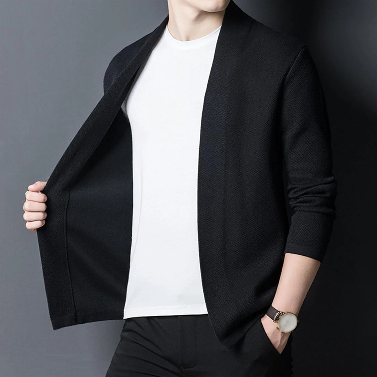 Мужской кардиган Slim Fit V-образным вырезом с длинными рукавами и воротником-шалью — фото 2