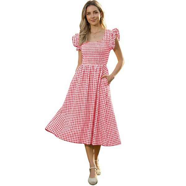 

Платье миди в клетку с рюшами и квадратным вырезом Inspire Chic, Red