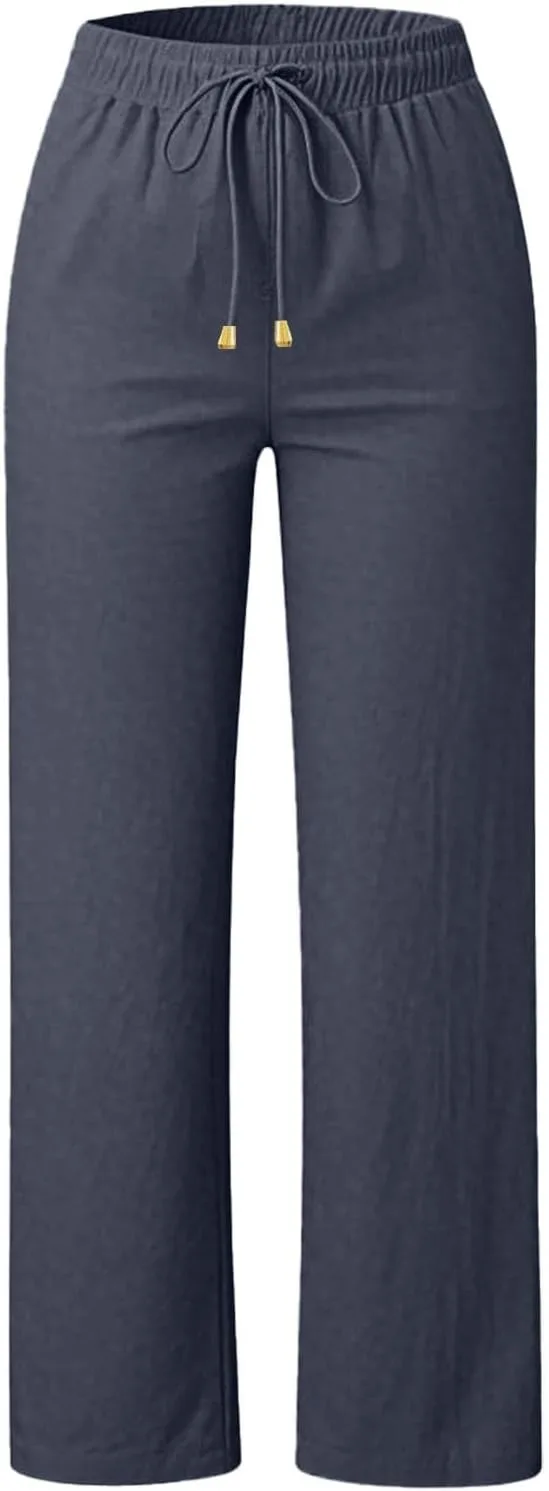 Женские брюки Wide Leg из льна для лета и пляжа, свободного кроя, с высокой посадкой, легкие, хлопок-лен, с карманами Generic, темно-синий — фото 2