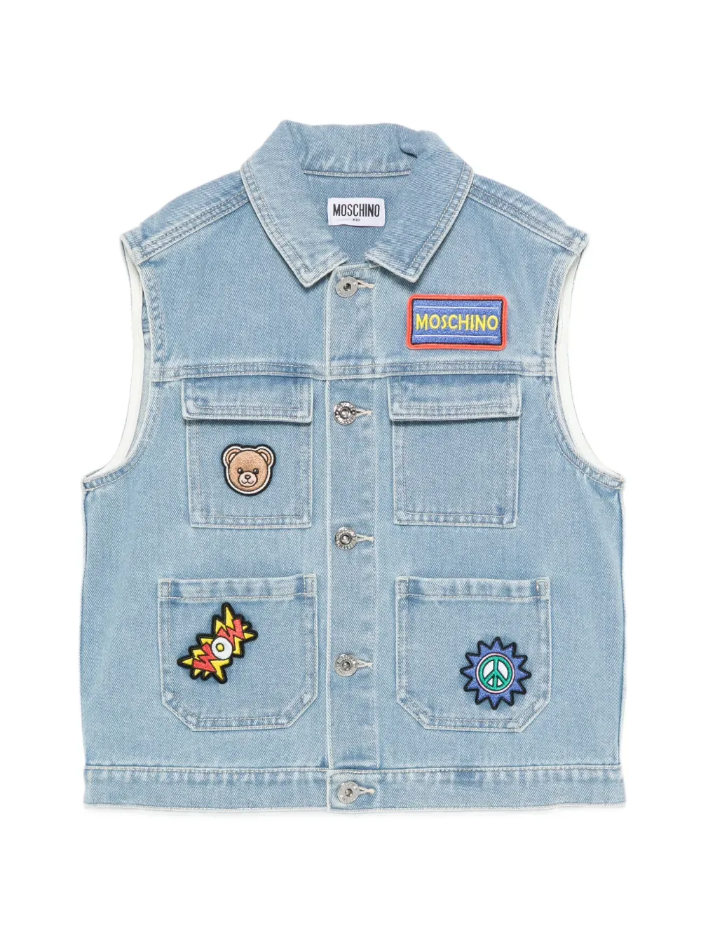 Жилет из джинсовой ткани с нашивками Moschino Kids, синий