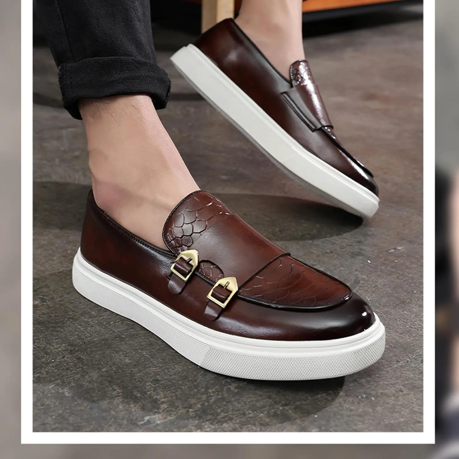 Мужские туфли с двойной пряжкой Monk Strap, повседневные модные классические деловые лакированные кожаные слипоны, лоферы, туфли Penny Loafers Aceptolcom, коричневый — фото 3