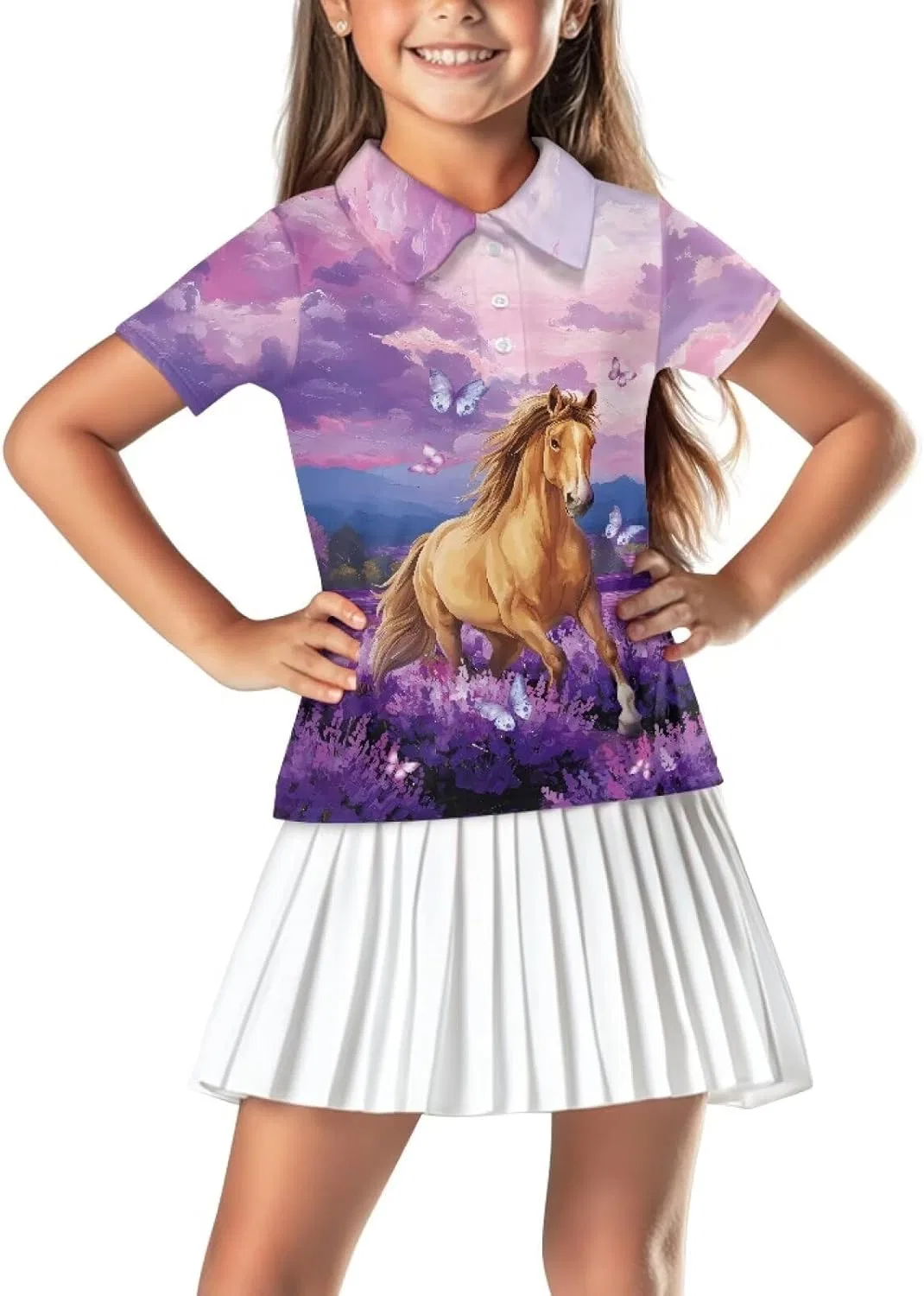 Поло для девочек Snilety Purple Floral Horse
