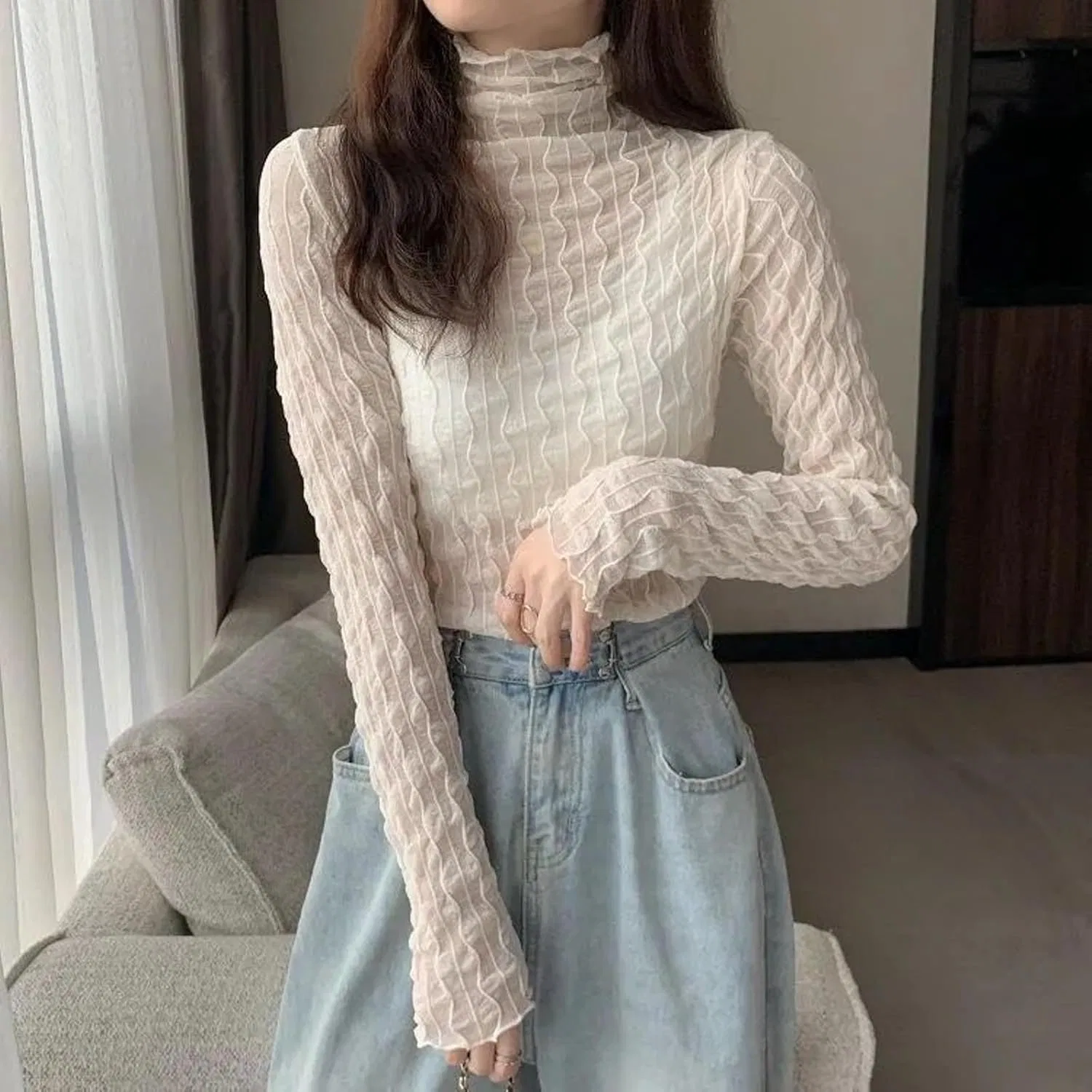Блузка с кружевом, женская, See-through Top, белый — фото 2