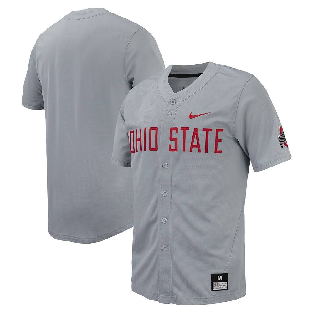 

Мужская серая бейсбольная майка с пуговицами Nike Grey Ohio State Buckeyes Replica, цвет Osu Grey