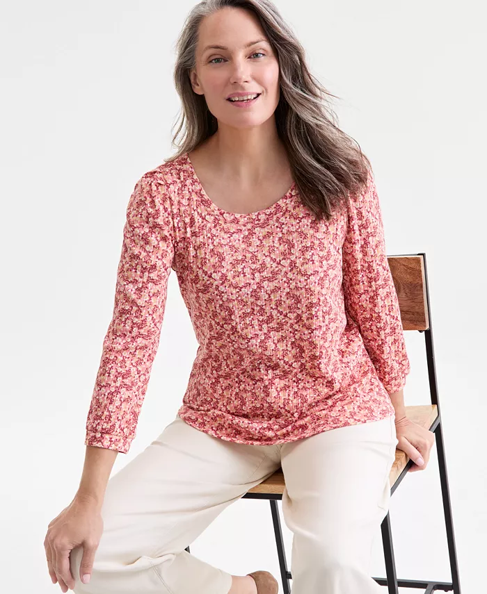 

Женский топ с круглым вырезом и длинными рукавами из ребристой ткани Style & Co, красный