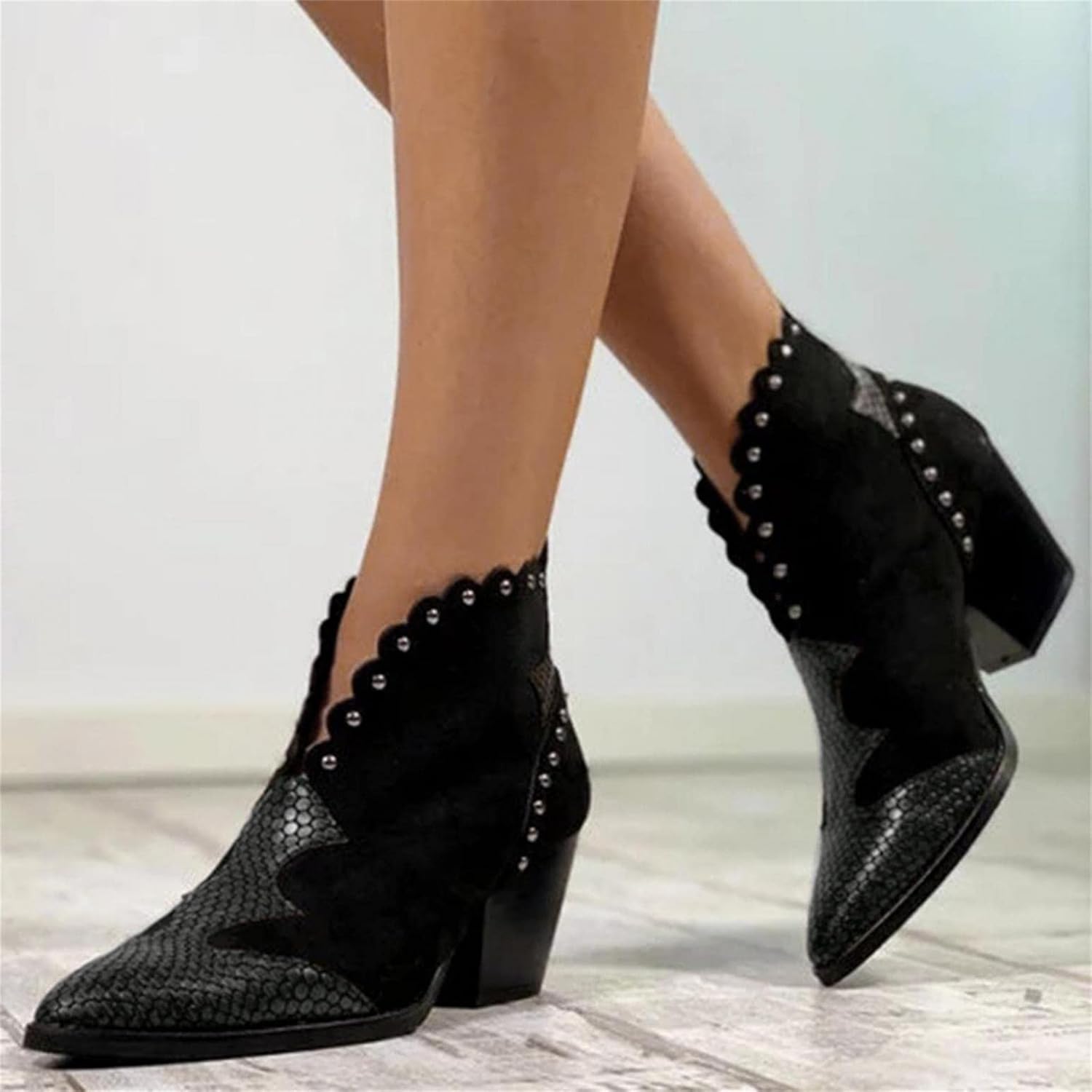 Ботинки Hbeylia Dress Boots для женщин, модные, из мягкой искусственной змеиной кожи, с лоскутным дизайном, черный — фото 2