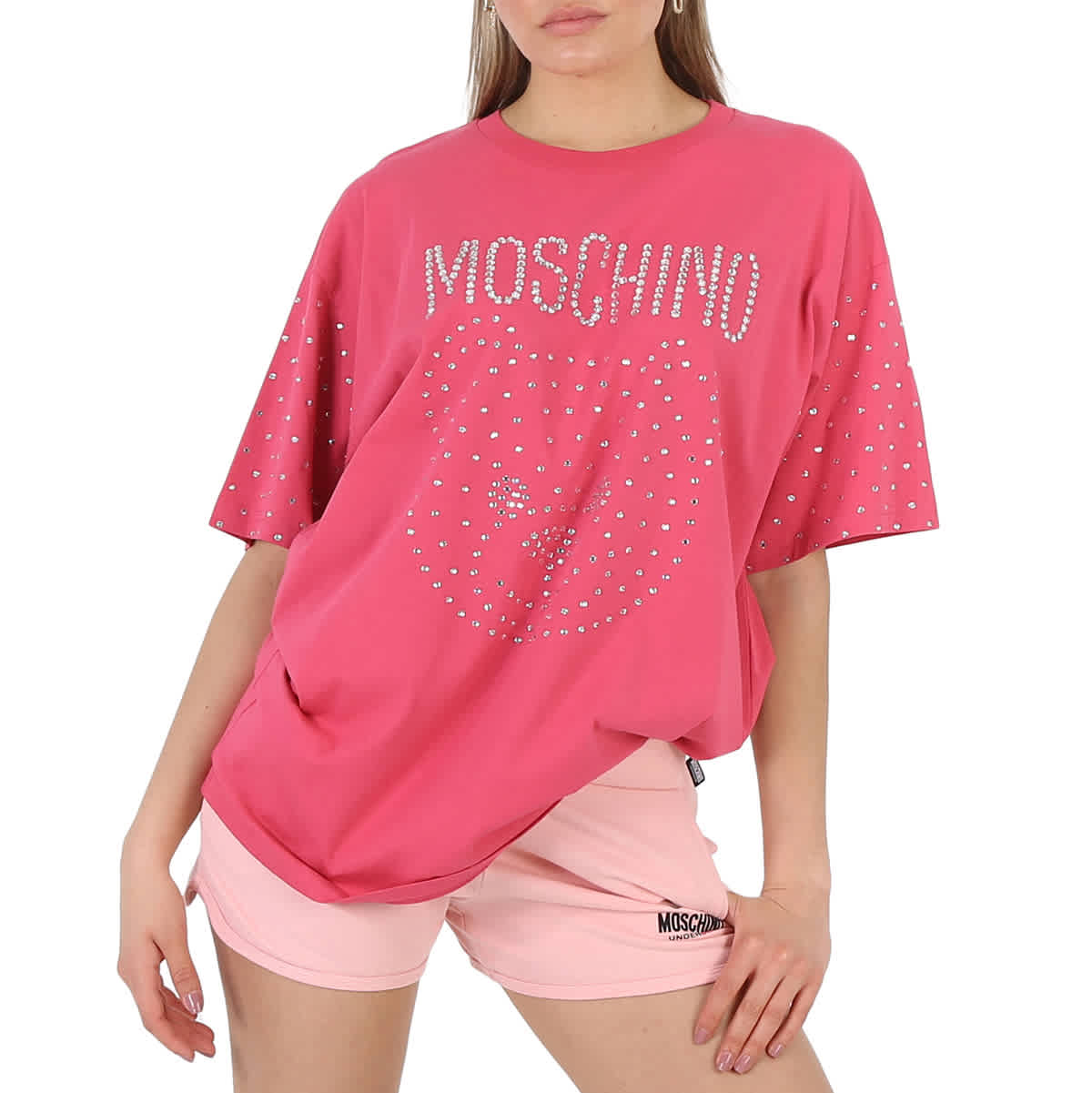 

Moschino Fuschia Crystal Teddy Bear Оверсайз Хлопковая Футболка, Fuschia