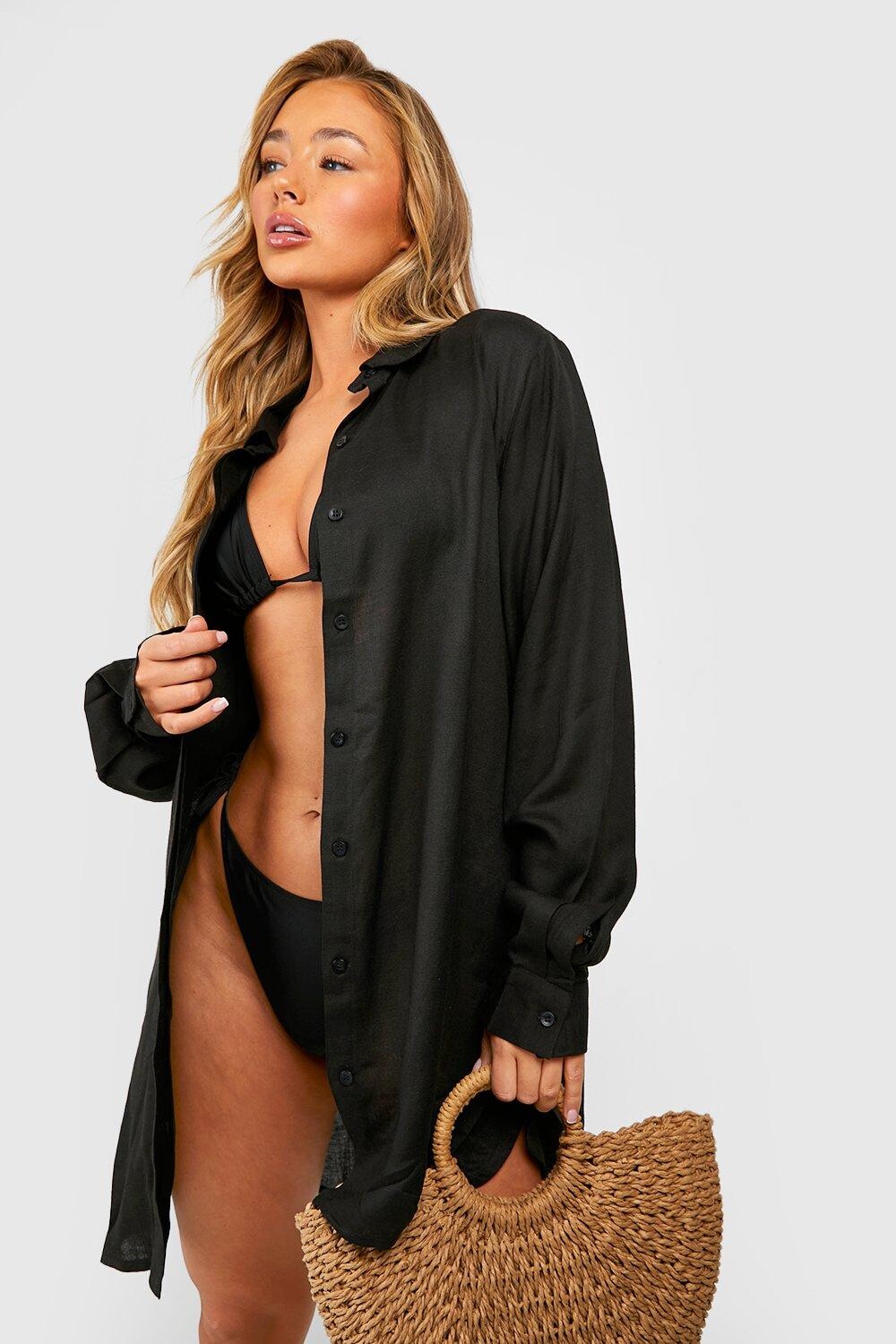 

Пляжная рубашка оверсайз из льняной ткани Essentials boohoo, черный