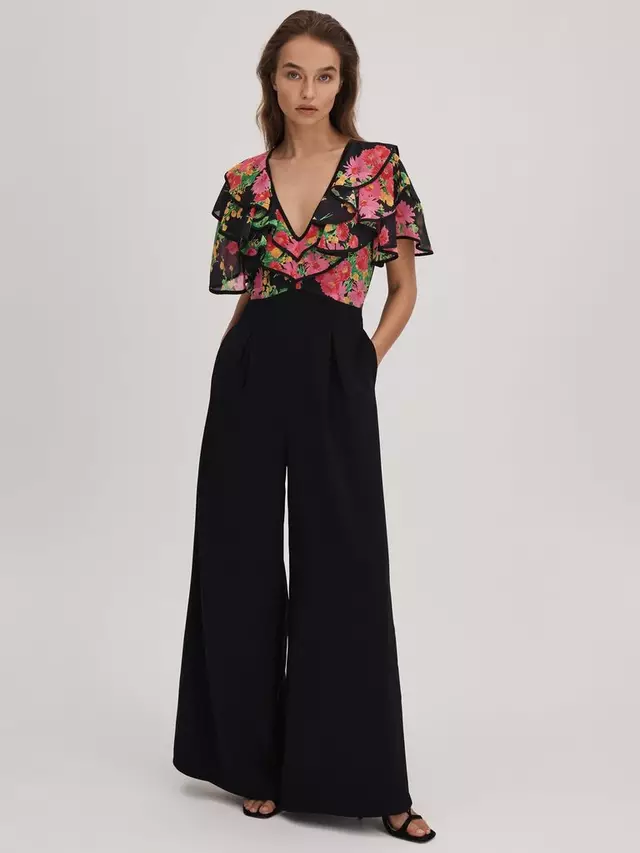 

Комбинезон FLORERE Floral Print Ruffle Sleeve, цвет black/multi